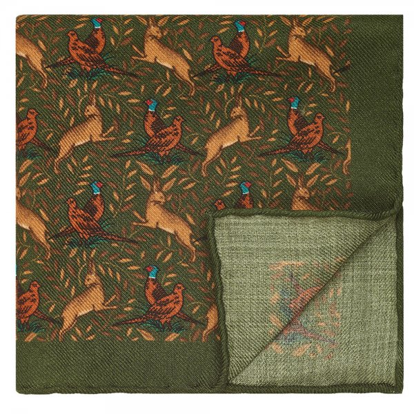 Pañuelo de bolsillo, faisán y conejo, verde, 32 x 32 cm